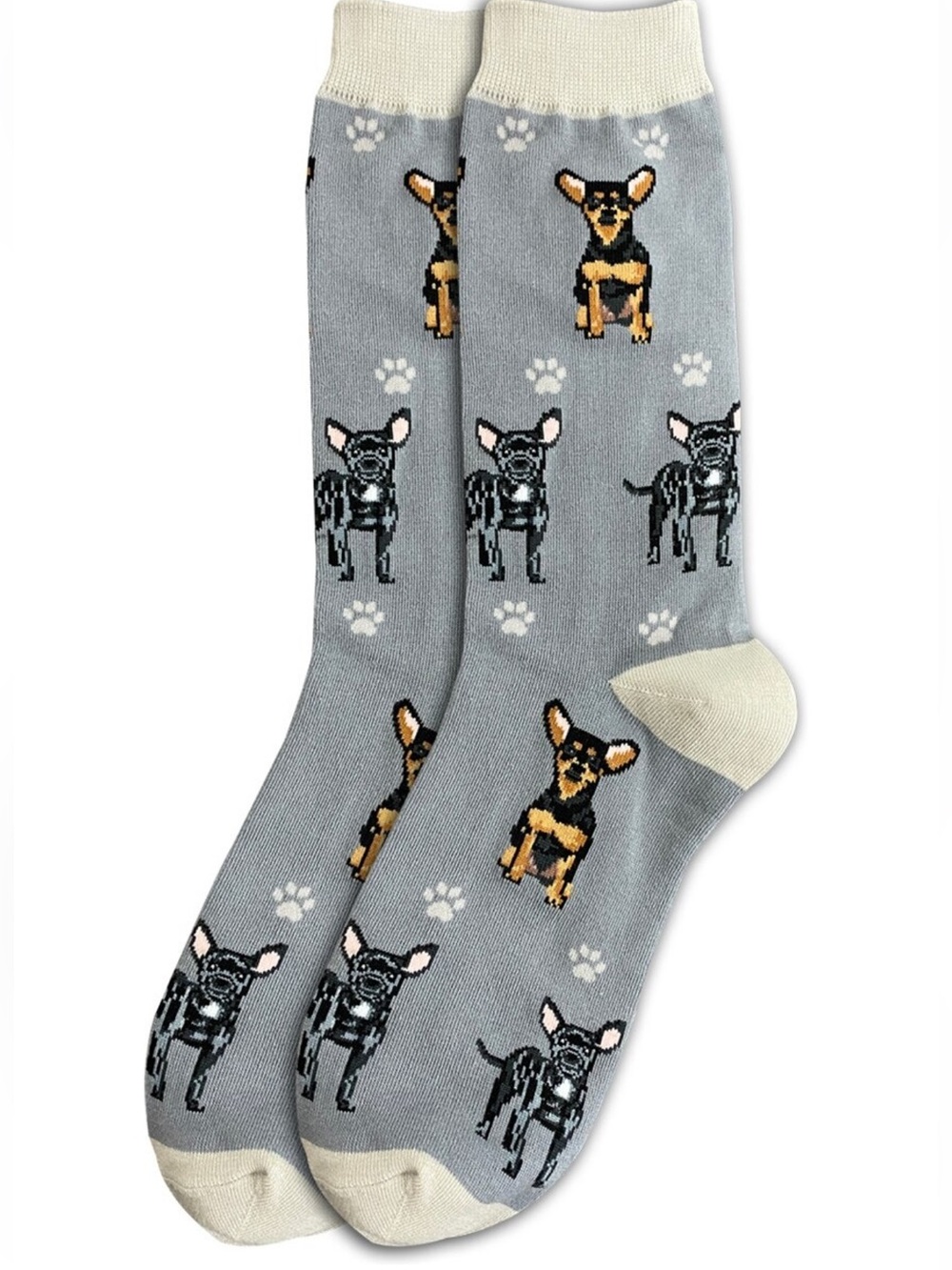 Happy Tails Novelty Dog Print Crew Socks - Gray with Tan Accents OSFM